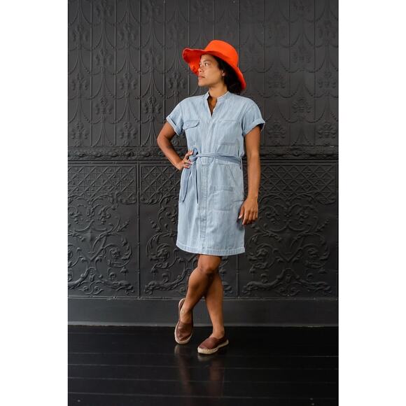 APIECE APART Avery Blue Pinstripe Short Sleeve Belted Mini Dress Size 10 print - Picture 1 of 7
